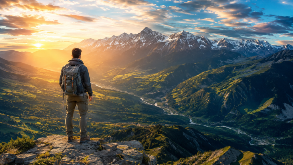 Adventure traveler planning a trip on a mountain viewpoint