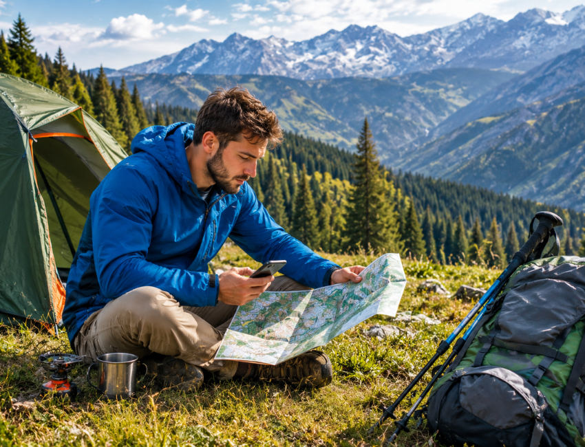 Traveler choosing an adventure travel destination using a map