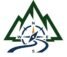 Minimalist vector logo with green mountain peaks, blue compass, and winding trail for outdoor adventure travel