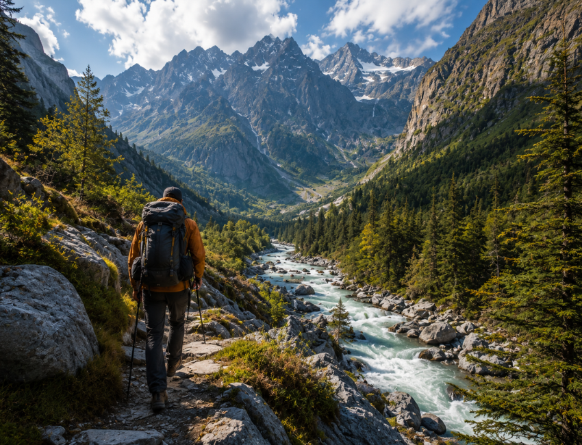 Hiker enjoying an outdoor adventure activity on a mountain trail