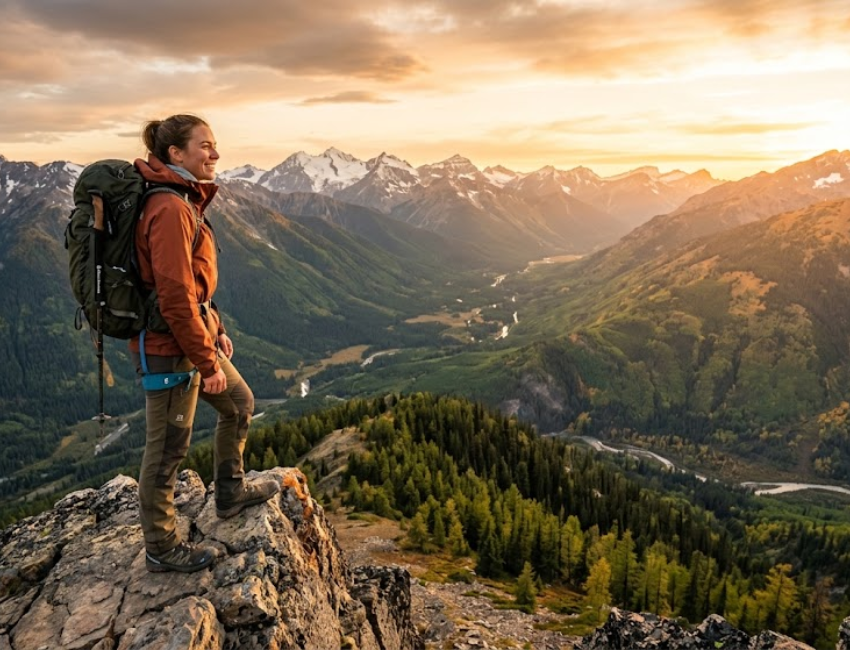 Adventure traveler enjoying a scenic mountain landscape at sunset