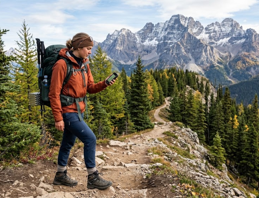 Hiker following a safe marked trail during an adventure trip