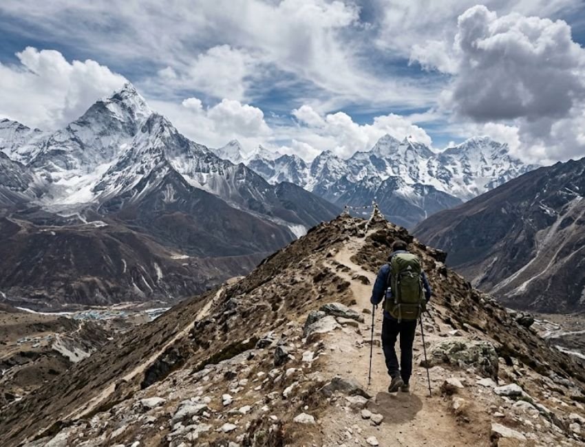 Hiker trekking through a dramatic Himalayan mountain landscape