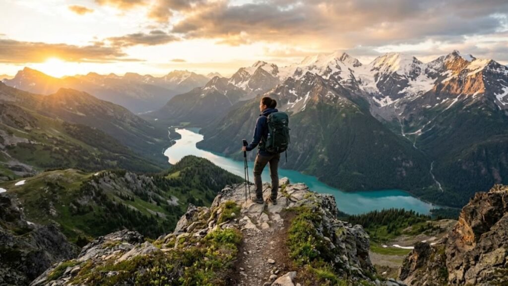 Adventure traveler exploring a dramatic mountain destination